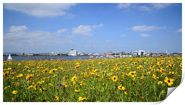  Cardiff Bay, Wales with flowers in foreground Print by Jonathan Evans