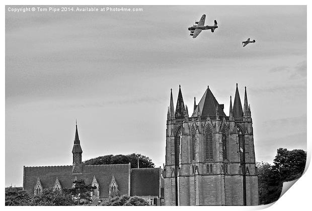  Lancaster & Hurricane team up over Lancing Chapel Print by Tom Pipe