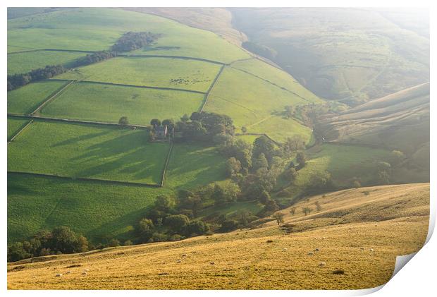 Soft morning sunlight on the hills near Hayfield, Derbyshire Print by Andrew Kearton