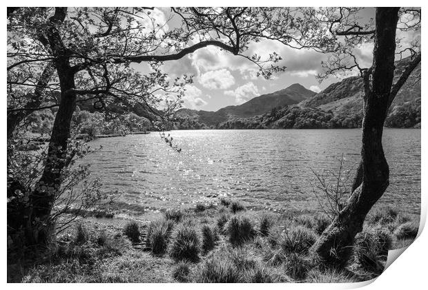 Llyn Gwynant with sunlight sparkling on the water. Snowdonia, North Wales. Print by Andrew Kearton