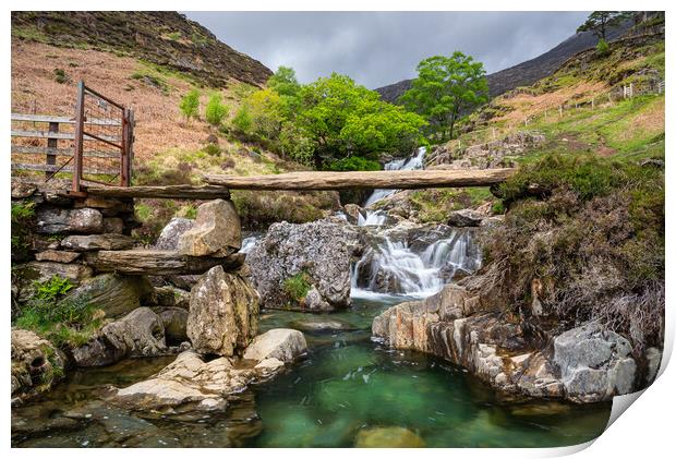 Watkin Path footbridge and waterfalls, Snowdonia national park Print by Andrew Kearton