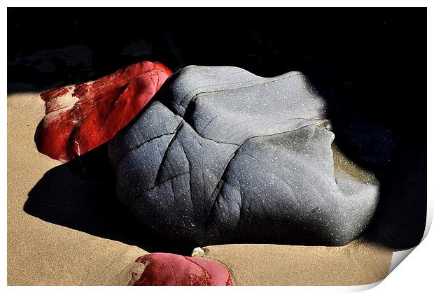  Sea sculpted rocks on Caerfai beach, Wales Print by Andrew Kearton