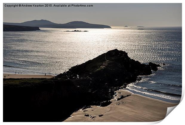  Sun shining off the sea at Whitesands Bay, Wales Print by Andrew Kearton