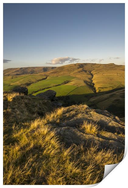 Warm sunlight on High Peak hills Print by Andrew Kearton