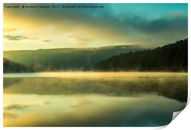 Autumn mist at Ladybower reservoir Print by Andrew Kearton