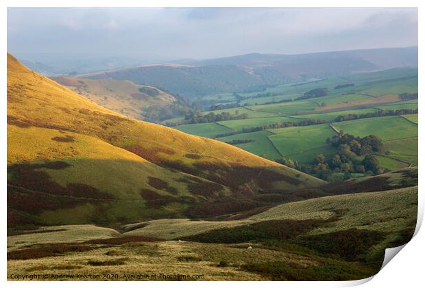 Dawn in the hills around Hayfield, Derbyshire Print by Andrew Kearton