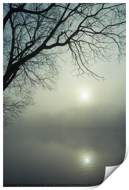 Misty dawn by the lake, Etherow country park, Comp Print by Andrew Kearton