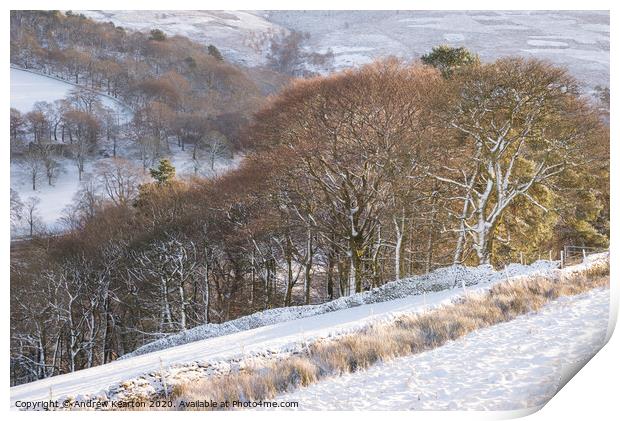 Snowy day at Little Hayfield, Peak District Print by Andrew Kearton