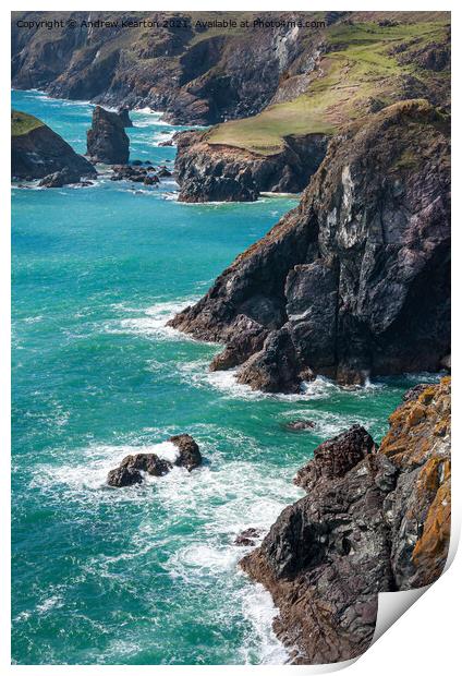 Rugged coastline at Kynance Cove, Cornwall Print by Andrew Kearton