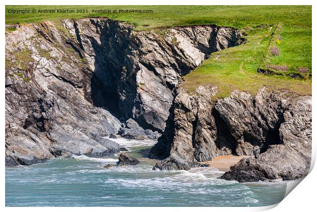 Cliffs at Porth Joke beach, Cornwall Print by Andrew Kearton