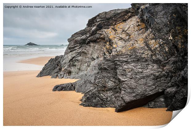 Rocks on Crantock beach, Cornwall Print by Andrew Kearton