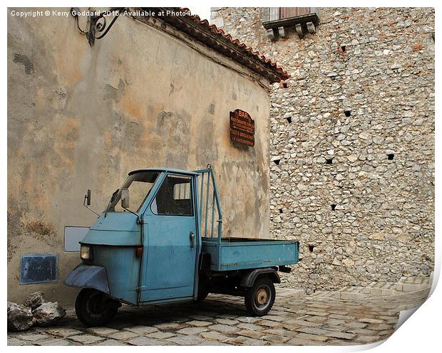 Ancient Italian Piaggio parked by the bar ! Print by Kerry Goddard