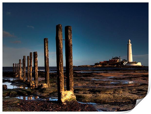 Posts & Lighthouse, St Marys Print by Alexander Perry