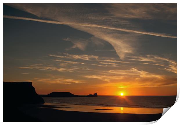 Sunset over worms Head, Gower Peninsula, Rhossili, Print by Graham Light