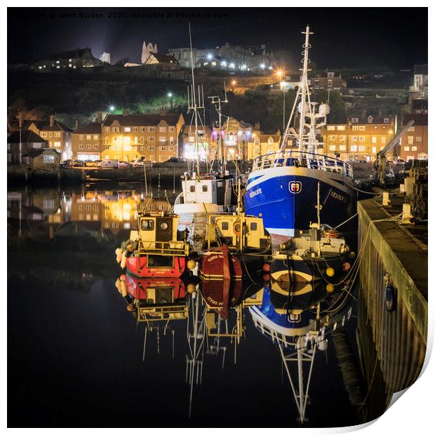 Whitby Harbour At Night Print by Janet Burdon