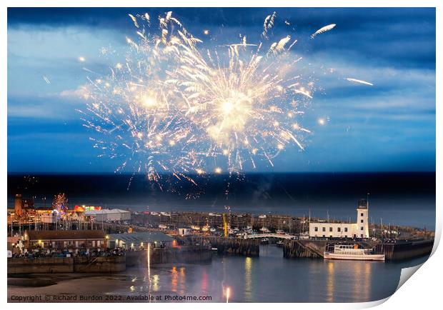Fireworks over Scarborough harbour Print by Richard Burdon