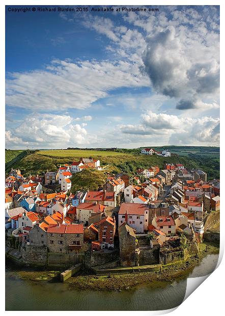 Late afternoon light on the village of Staithes Print by Richard Burdon