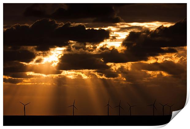 Sunbeams over a wind farm Print by Gail Johnson