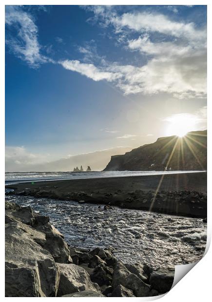 Reynisdrangar sea stacks from beach  Icelandic Vie Print by Gail Johnson