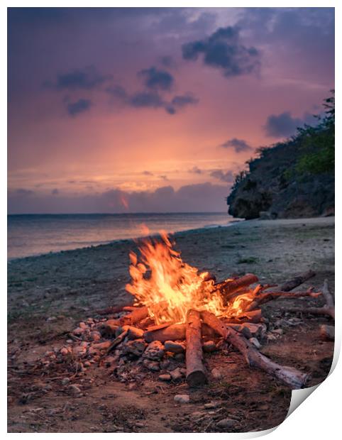 A fantastic sunset at the beach with a bonfire and Print by Gail Johnson