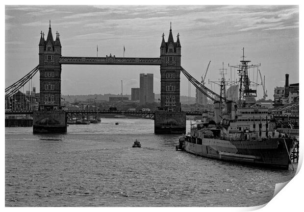 Tower Bridge and HMS Belfast Mono Print by Glen Allen