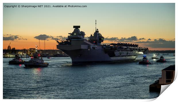 Dusk departure of HMS Queen Elizabeth with F35 on  Print by Sharpimage NET