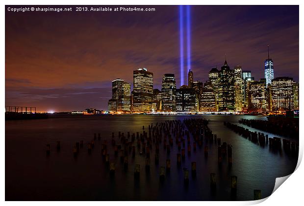 9/11 Tribute in Light from Brooklyn Print by Sharpimage NET