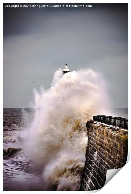 Tynemouth pier during a storm Print by David Irving