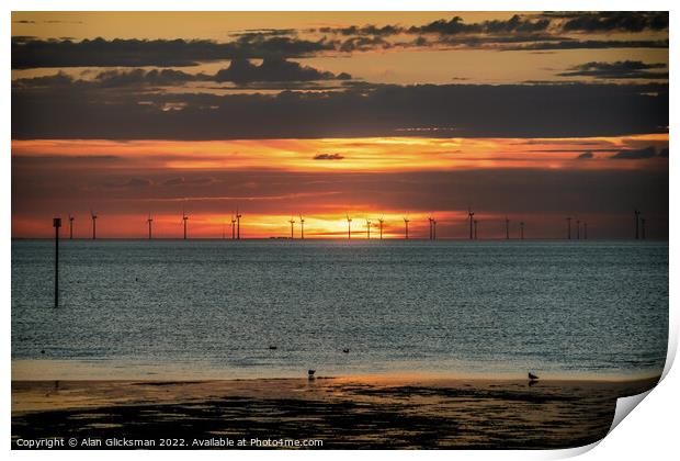 Wind farm at sunset  Print by Alan Glicksman