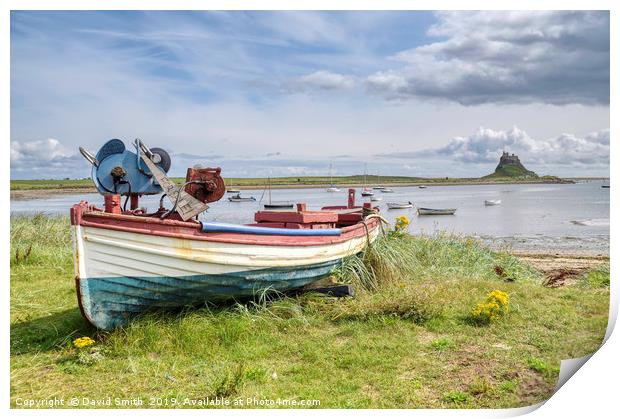 Boat Overlooking Holy Island Harbour Print by David Smith