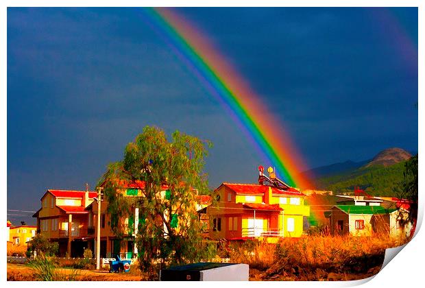A digital painting of a rainbow over villas in the Print by ken biggs