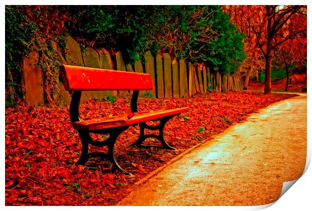 A digitally converted painting of a single bench i Print by ken biggs