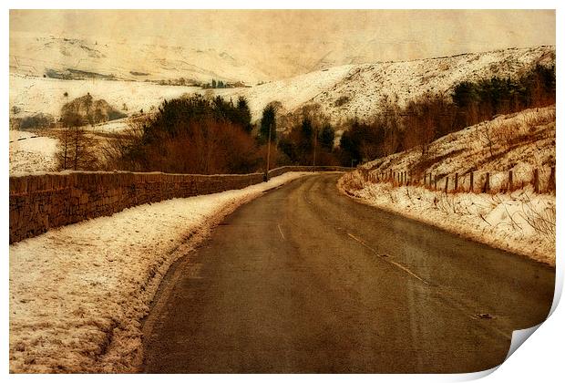Empty road through snow covered Yorkshire moors Print by ken biggs