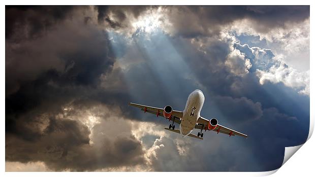 Passenger plane on final approach, against a storm Print by ken biggs