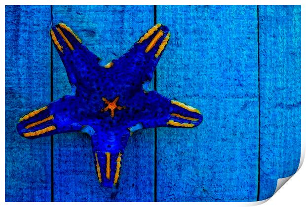starfish shape on blue wooden boards Print by ken biggs
