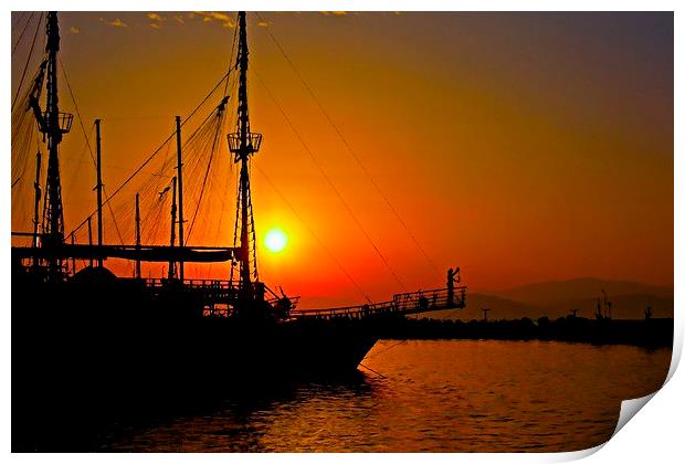 a ship in silhouette at sunset Print by ken biggs