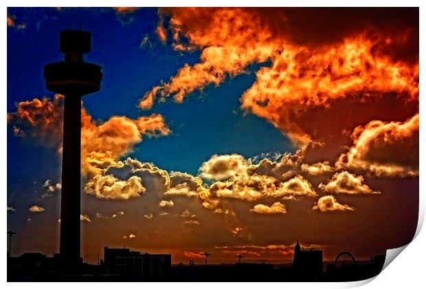 Liverpool skyline in silhouette against a stormy s Print by ken biggs