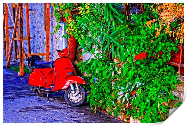  a red scooter in a village street Print by ken biggs