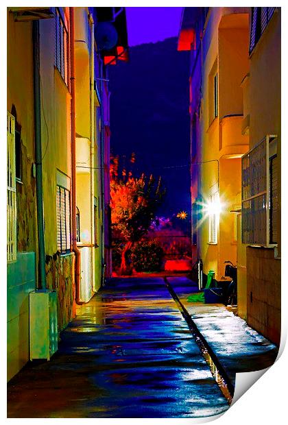 Digital painting of an alley at nightime Print by ken biggs