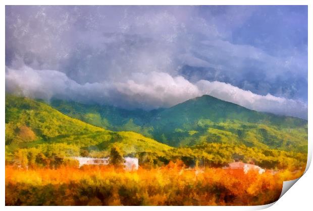A digital painting of a View across fields to a cl Print by ken biggs
