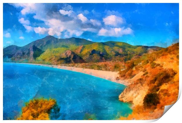 Image in painting style of Olu Deniz beach in Turk Print by ken biggs