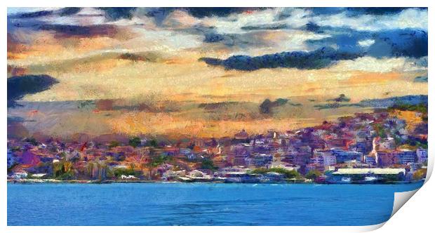A digital painting of Kusadasi harbor Turkey Print by ken biggs
