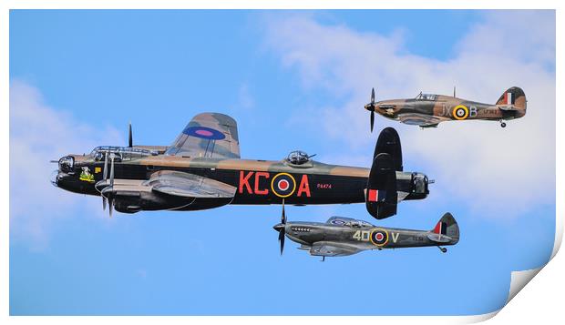 Lancaster Bomber PA474 flanked by BBMF's Hurricane Print by Andrew Scott