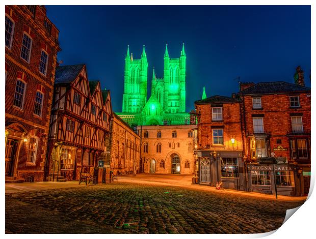 Lincoln Cathedral lit up green Print by Andrew Scott