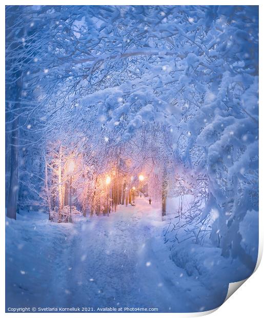 Snowy evening Print by Svetlana Korneliuk