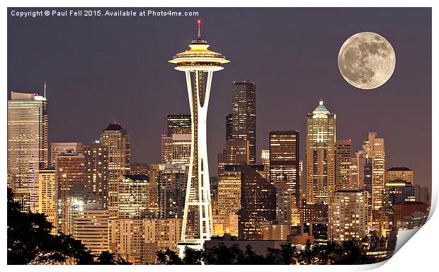 seattle at night with moon Print by Paul Fell