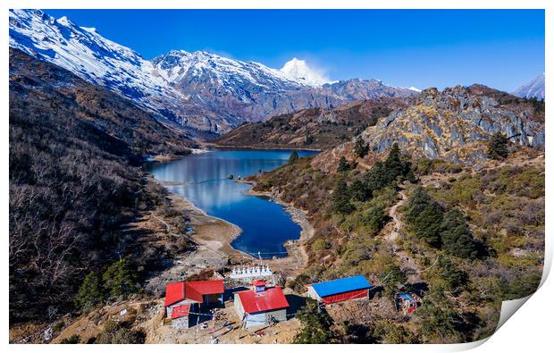 Landscape view of Kaltal lake n Mount Manaslu Print by Ambir Tolang