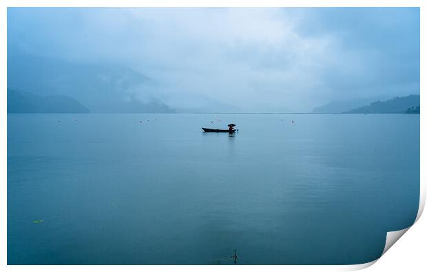 boatman fishing on phewa lake Print by Ambir Tolang