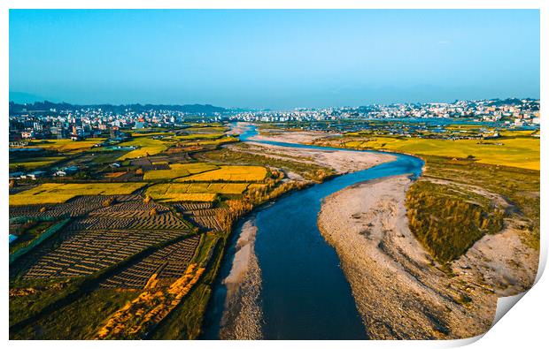aerial view of paddy farm field and river with a mountain Print by Ambir Tolang