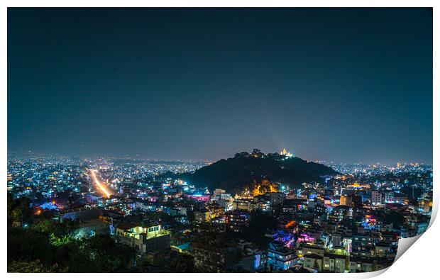 aerial view of kathmandu night cityscape Print by Ambir Tolang
